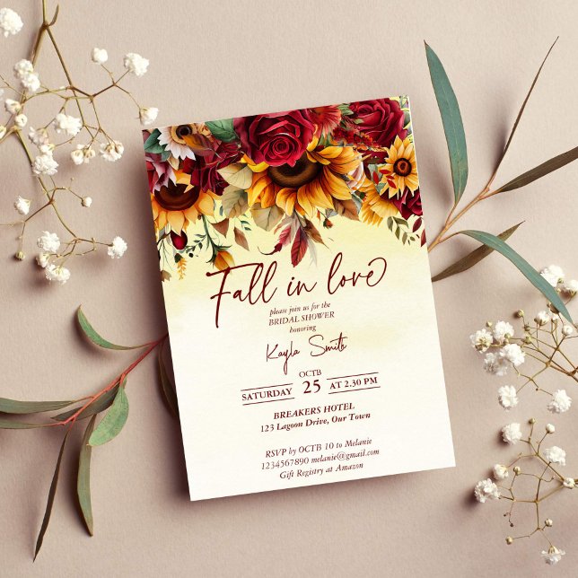 Herbst in Liebe burgundy Rose Sonnenblumen Braut Einladung (Fall in love burgundy roses sunflowers bridal shower invitation template instant download)