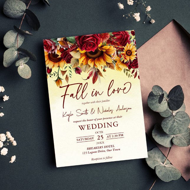 Herbst in Liebe burgundy Rose Sonnenblumen Hochzei Einladung (Fall in love burgundy roses sunflowers wedding invitation editable template instant download)
