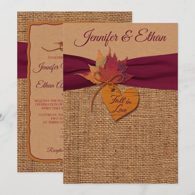 Herbst in Liebe Burlap, Blätter Hochzeit Einladung (Vorne/Hinten)