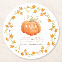 Herbst in Liebe Kürbis Aquarell Hochzeit Orange Runder Pappuntersetzer