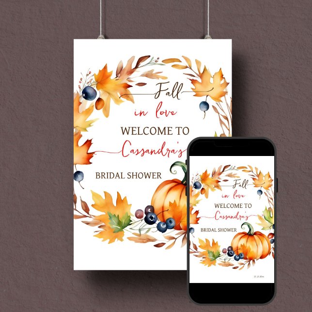 Herbst in Liebe Kürbis Brautparty Begrüßungszeiche Poster (Fall in love bridal shower welcome sign template instant digital download pumpkin leaves wreath)