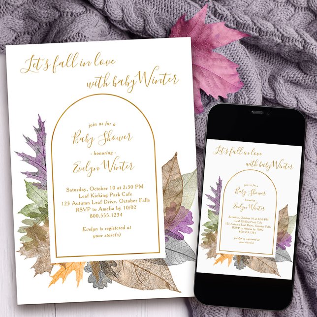 Herbst in Liebe Oktober Blätter Elegant Baby Showe Einladung (Fall in Love Baby Shower Invitation with modern arch and delicate autumn leaves)