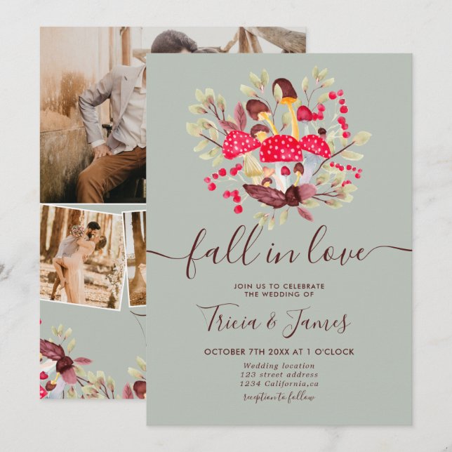 Herbst in Liebe Pilze grün rustikale Foto Hochzeit Einladung (Vorne/Hinten)