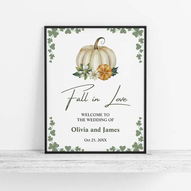 Herbst in Liebe Pumpkin Sage Green Wedding Willkom Poster (Fall in Love Pumpkin Greenery Sage Green Wedding Welcome Sign   )