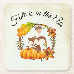 Herbst ist in der Luft Typografie mit Eichhörnchen Rechteckiger Pappuntersetzer