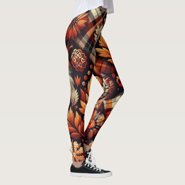 Herbst Karierte Blätter Orange Black Beige Leggings (Rechts)