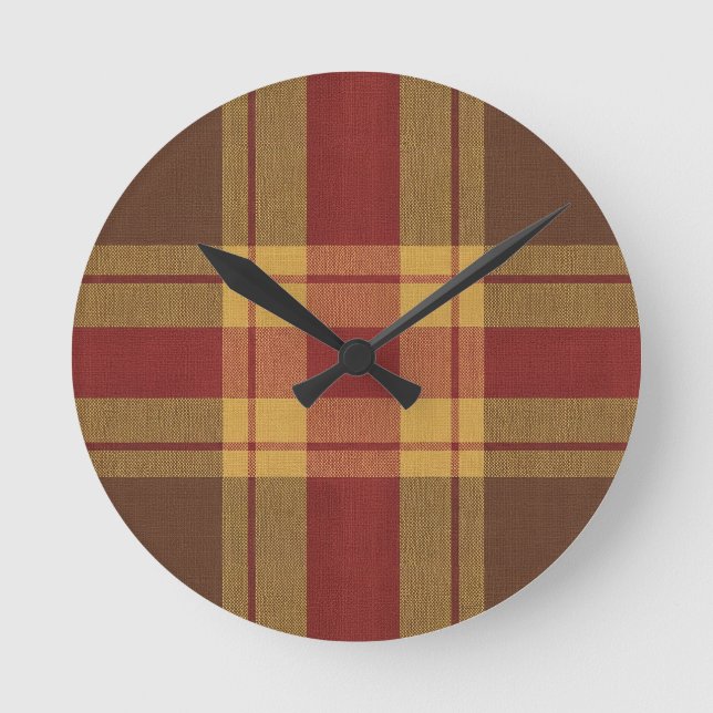 Herbst-Karo-Faux-Stoffuhr Runde Wanduhr (Vorderseite)