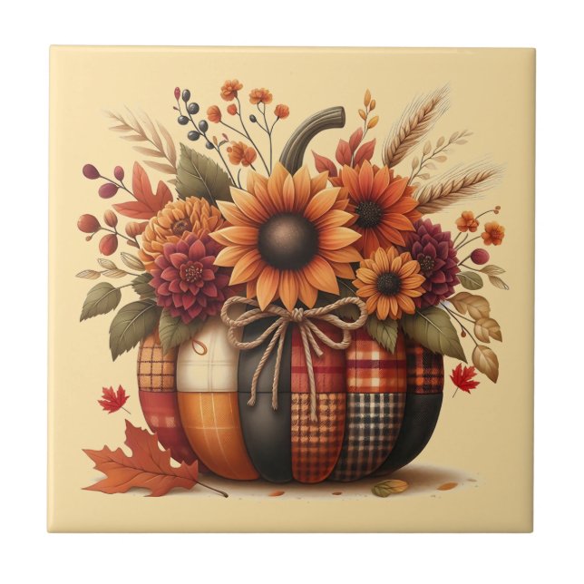 Herbst-Karo-Kürbis-Keramikfliese Fliese (Vorderseite)