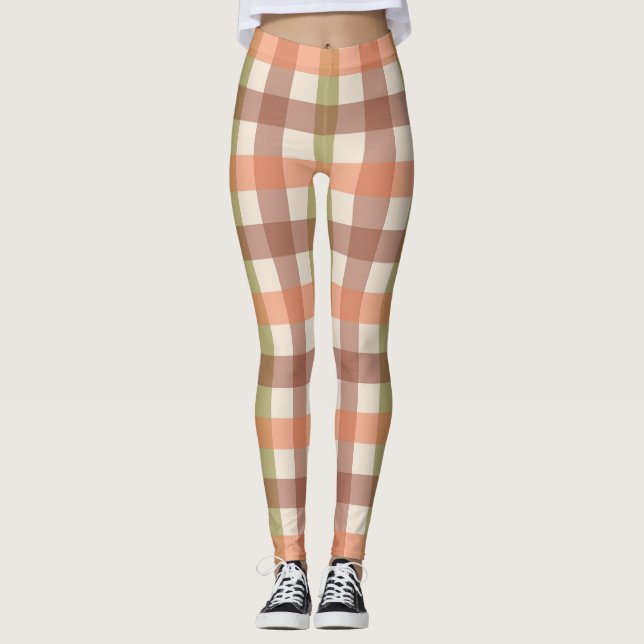 Herbst-Karomuster in Orange Grün und Braun Leggings (Vorderseite)