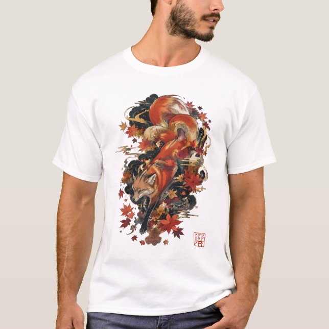 Herbst-Kitsune-Japanisches-Fuchsgeist-Design T-Shirt (Vorderseite)