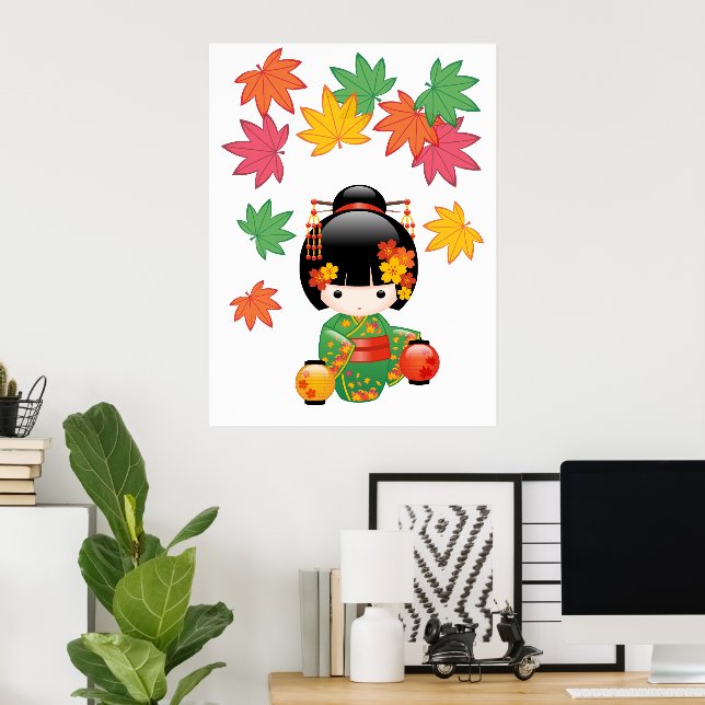 Herbst-Kokeshi-Puppe - Geisha-Mädchen im grünen Ki Poster (Heimbüro)