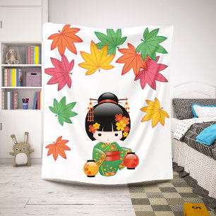 Herbst-Kokeshi-Puppe - Geisha-Mädchen im grünen Ki Sherpadecke