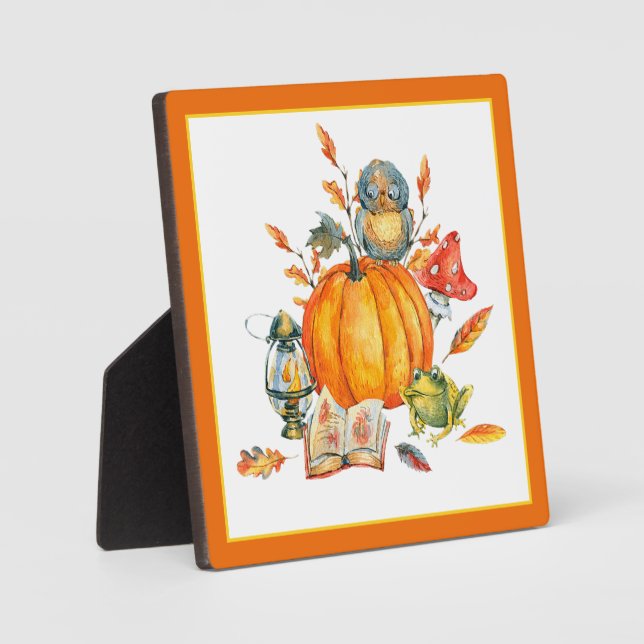 Herbst-Kürbis-Eule und Frosch  Fotoplatte (Vorderseite)