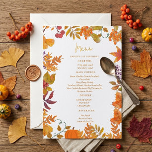 Herbst-Kürbis-Herbstlaub-Geburtstagsfeier-Menükart Einladung