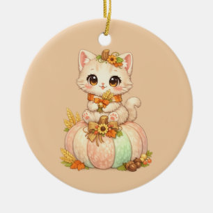 Herbst-Kürbis-Kätzchen – Süßer Herbst Keramik Ornament