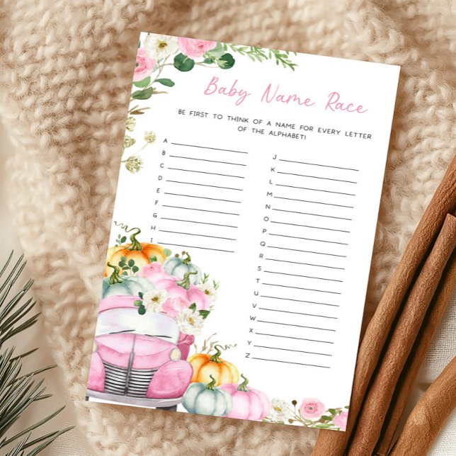Herbst-Kürbis-Rosa-LKW-Babynamen-Rennspiel (Little Pumpkin Pink Truck Baby Shower Baby Name Race Game)