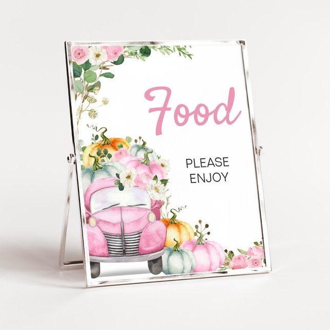 Herbst-Kürbis-Rosa-LKW-Essensschild Poster (Little Pumpkin Pink Truck Baby Shower Food Sign)