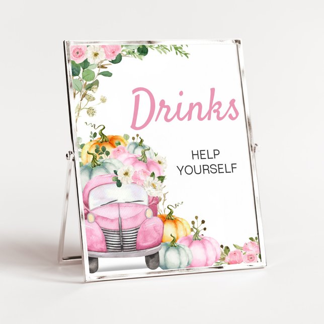 Herbst-Kürbis-Rosa-LKW-Getränke-Schild Poster (Little Pumpkin Pink Truck Baby Shower Drinks Sign)