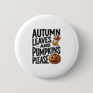 Herbst-Kürbis-Shirt mit Blättern und Halloween-Sti Button