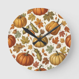 Herbst-Kürbis- und Blatt-Nahtloses Muster Runde Wanduhr
