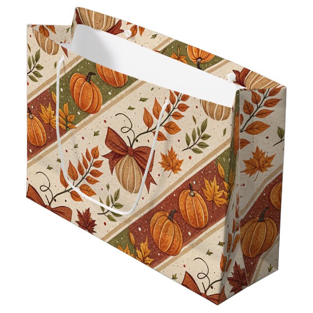 Herbst-Kürbis- und Blätter-Fall-Muster Große Geschenktüte (Vorderseite Schrägansicht)