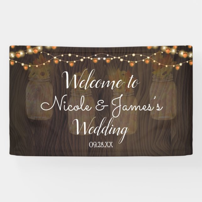 Herbst lässt Jar Light Wood Hintergrund Wedding Ba Banner (Horizontal)