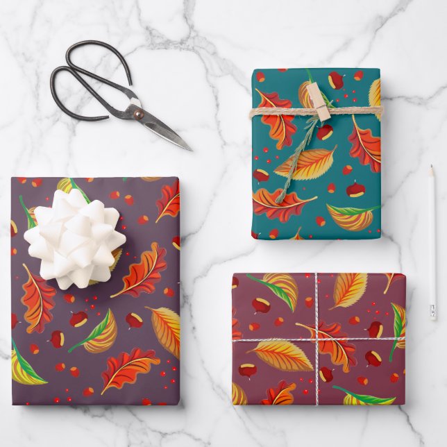 Herbst lässt Nüsse Kastanien Muster Eleganter Fall Geschenkpapier Set (Vorderseite)
