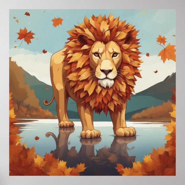 Herbst Leaves Male Lion Poster (Vorne)