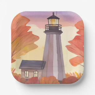 Herbst-Leuchtturm Wasserfarben des Herbstlaubs Pappteller