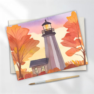 Herbst-Leuchtturm   Wasserfarben Herbstlaub Postkarte