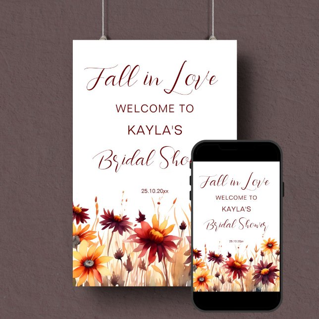 Herbst Liebe burgundy Brautparty Begrüßungszeichen Poster (Fall in love bridal shower welcome sign poster template  digital download burgundy dahlias daisies)