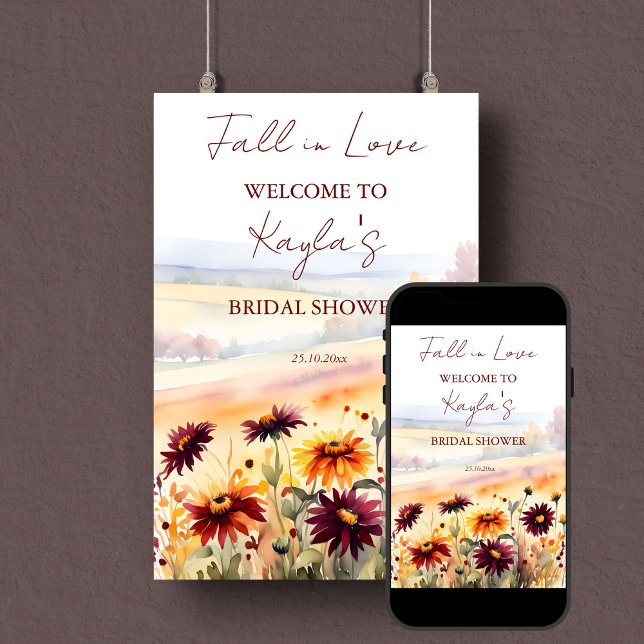Herbst Liebe dahlias Brautparty Begrüßungszeichen Poster (Fall in love bridal shower welcome sign template poster digital download burgundy yellow dahlias)