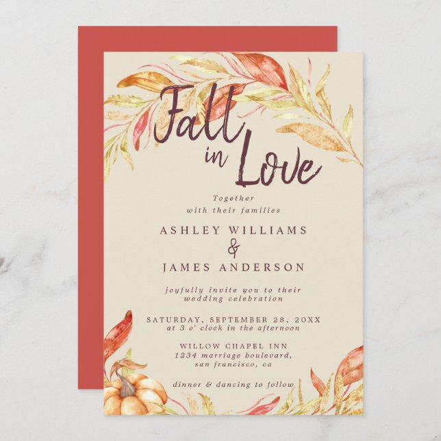 Herbst Liebe Golden Foliage Alte Rote Hochzeit Einladung (Vorne/Hinten)