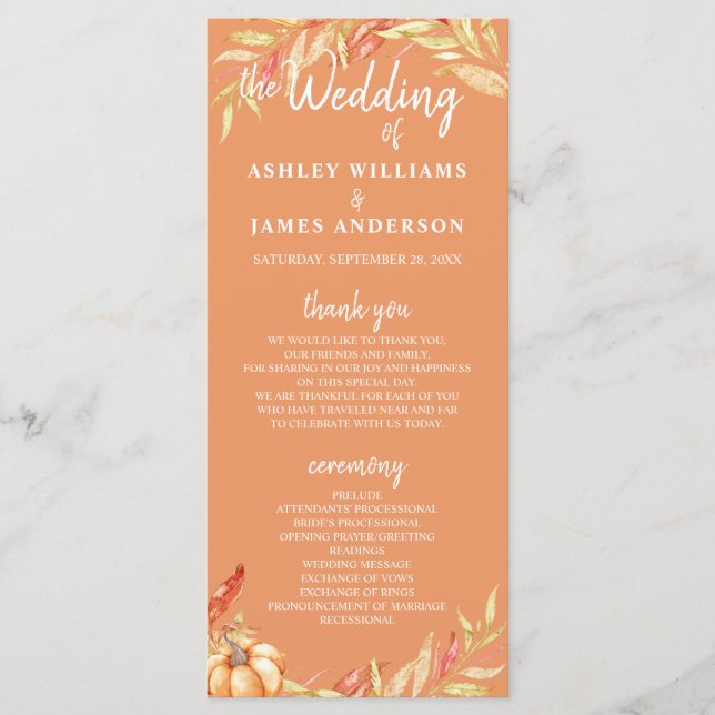 Herbst Liebe Golden Foliage Orange Hochzeitsprogra Programm (Vorderseite)
