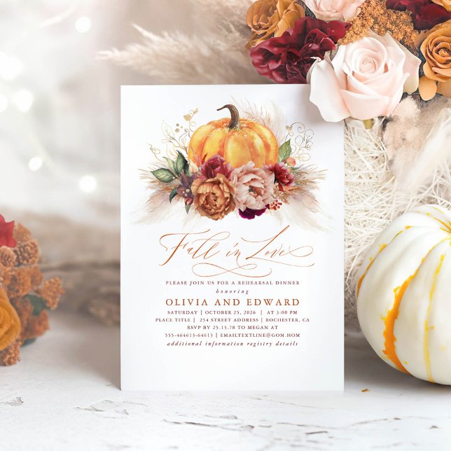 Herbst Liebe Probe Abendessen Rost Blume Pumpkin Einladung (Fall In Love Terracotta Orange Pumpkin Rehearsal Dinner Invitations)