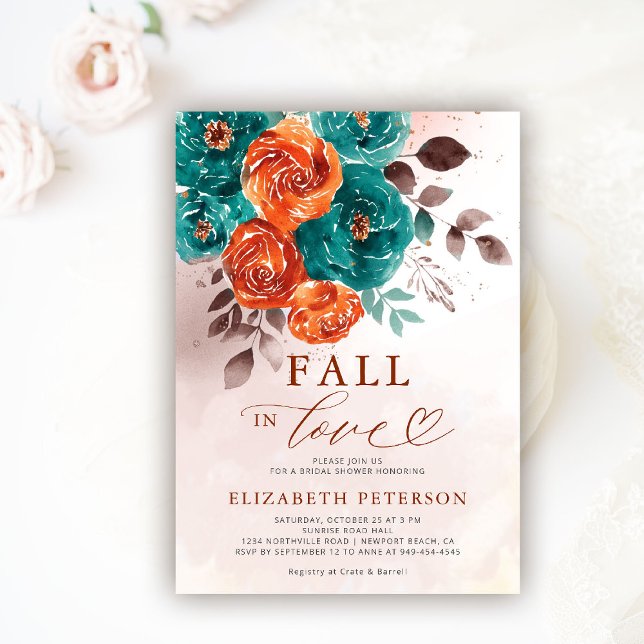 Herbst Liebe Terracotta Aquamarin Boho Brautparty Einladung (fall in love wedding bridal shower invitation teal burnt orange terracotta watercolor calligraphy)