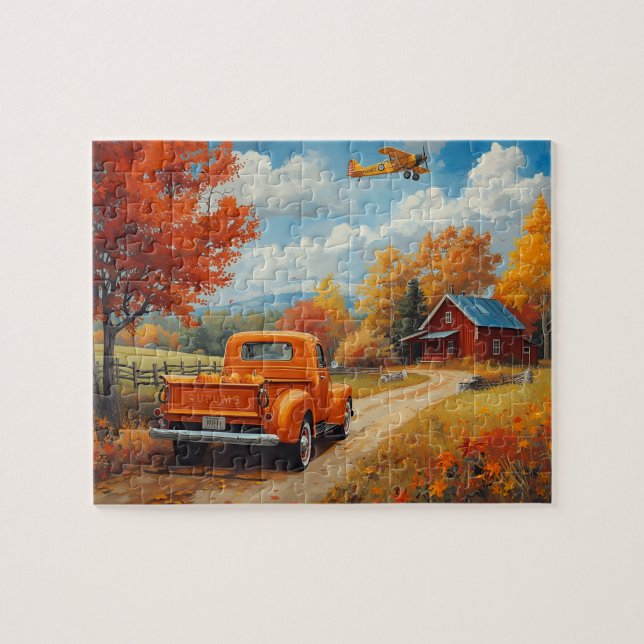 Herbst-LKW-Doppeldecker-Hütten-Szene Puzzle (Horizontal)