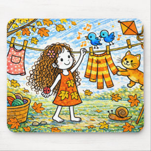 Herbst Mädchen Wäscheleine Katzen-Mauspad Mousepad