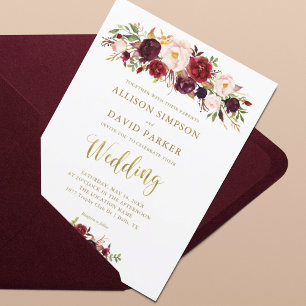 Herbst Marsala Florales Gold Elegante Hochzeitskar Einladung