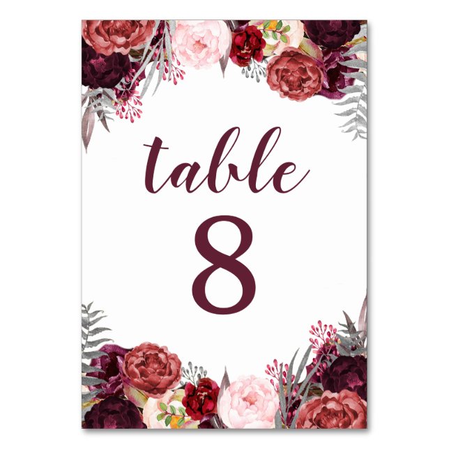 Herbst Marsala Peony Wedding Tischnummer Cards (Vorderseite)
