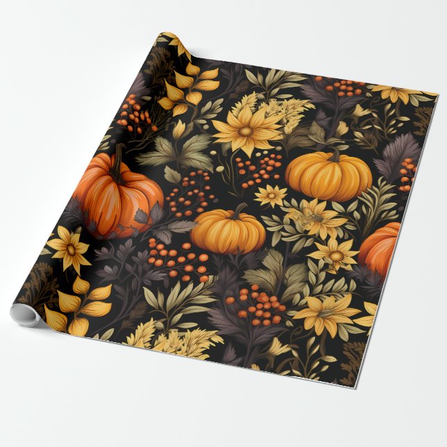 Herbst mit Sonnenblumen, Kürbissen und boho Floral Geschenkpapier (Ungerollt)
