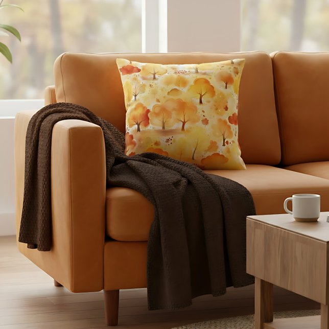 Herbst Moderne farbenfrohe, zeitgenössische Herbst Kissen (Autumn throw pillow with watercolor trees – cozy farmhouse fall home decor.)