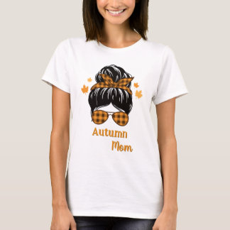 Herbst-Mom-Unordentlicher-Dutt-Buffalo-Karo-Sonnen T-Shirt