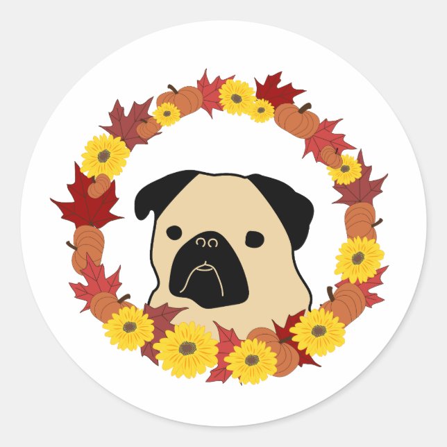 Herbst-Mops mit Blätter, Pumpkins und Sonnenblumen Runder Aufkleber (Vorderseite)