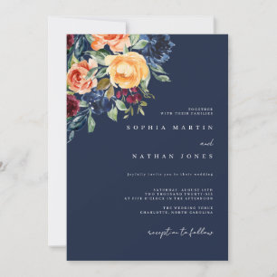 Herbst Navy Burgundy Watercolor Florals Wedding Einladung