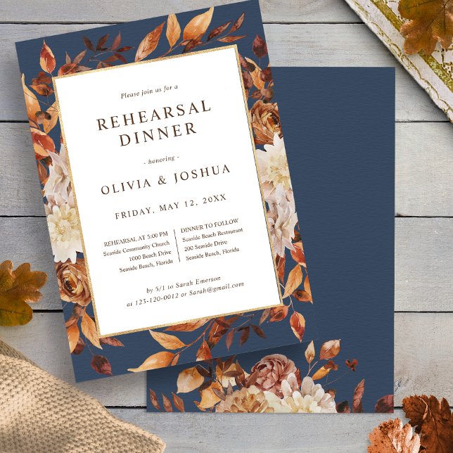 Herbst Navy Probe Dinner Einladung (Autumn Watercolor Floral  Navy Blue Rehearsal Dinner Invitation by Painted Paperie
)