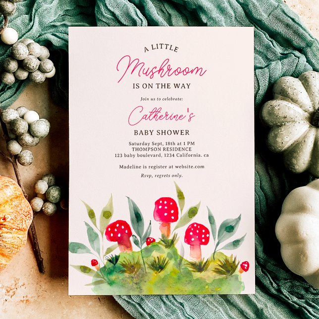 Herbst Niedliche Wasserfarbe kleine Pilzdusche Einladung (Cute fall hand painted watercolor little mushroom baby shower invitation)