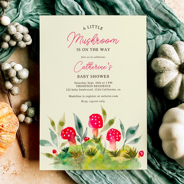 Herbst Niedliche Wasserfarbe kleine Pilzdusche Einladung (Cute fall hand painted watercolor little mushroom baby shower invitation)
