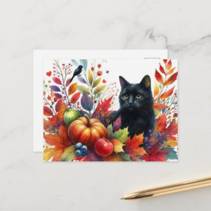 Herbst Orange Blätter und Schwarze Katze Postkarte