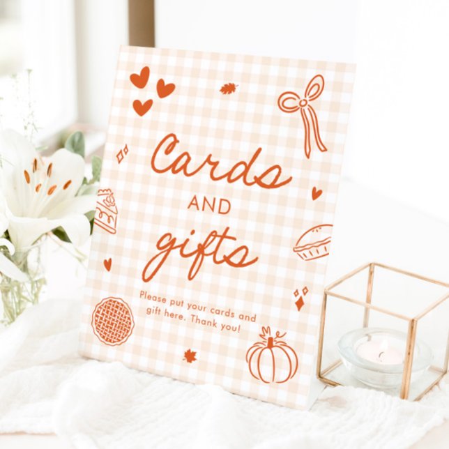 Herbst Orange Gingham Cutie Pie Karten und Geschen Sockelschild (Fall Orange Gingham Cutie Pie Cards and Gifts Sign)